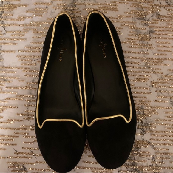Cole Hann Black Suede Gold Trim Flats - Picture 6 of 6